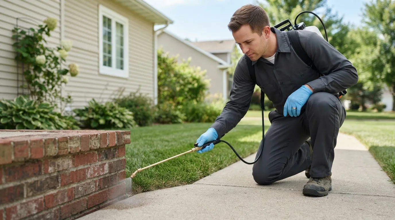 Pest control technician treating a home near Mounds, IL